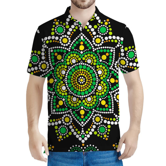 Green White Dot Mandala Print Men's Polo Shirt