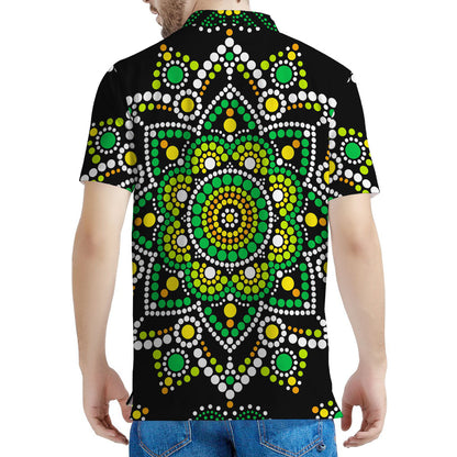 Green White Dot Mandala Print Men's Polo Shirt