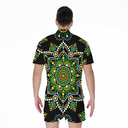 Green White Dot Mandala Print Men's Rompers