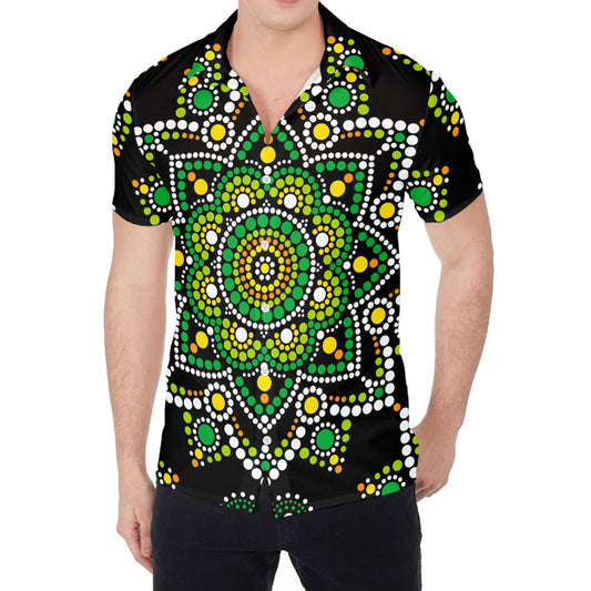 Green White Dot Mandala Print Men's Shirt