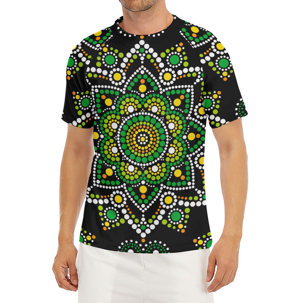 Green White Dot Mandala Print Men's Short Sleeve Rash Guard