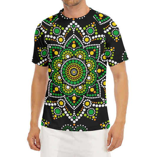 Green White Dot Mandala Print Men's Short Sleeve Rash Guard