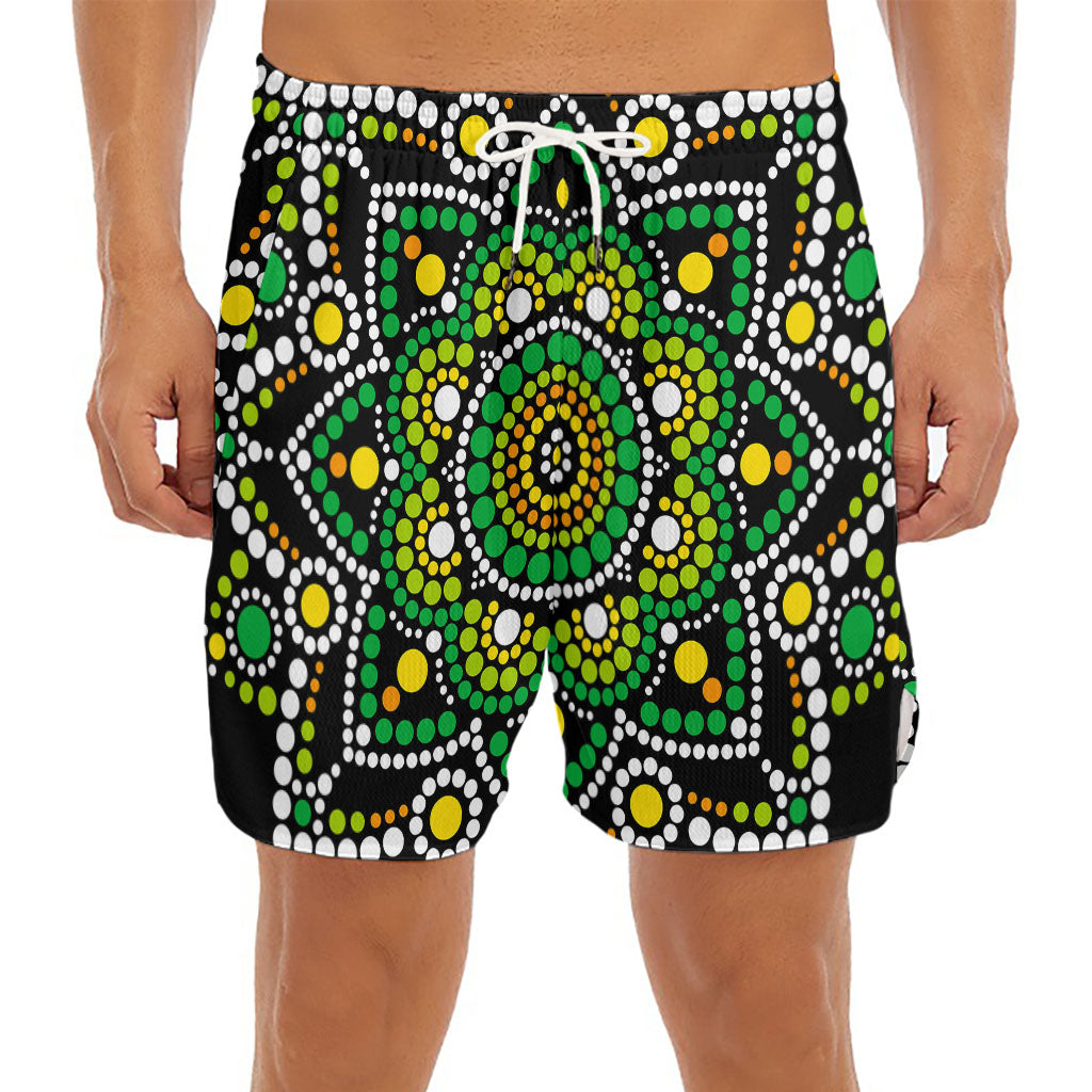 Green White Dot Mandala Print Men's Split Running Shorts