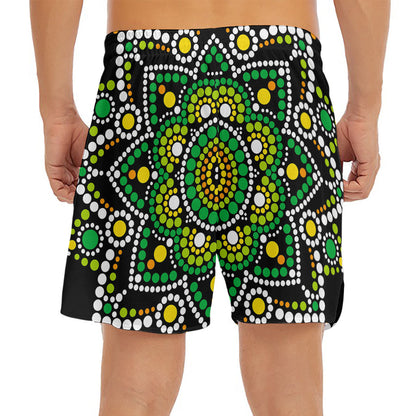 Green White Dot Mandala Print Men's Split Running Shorts
