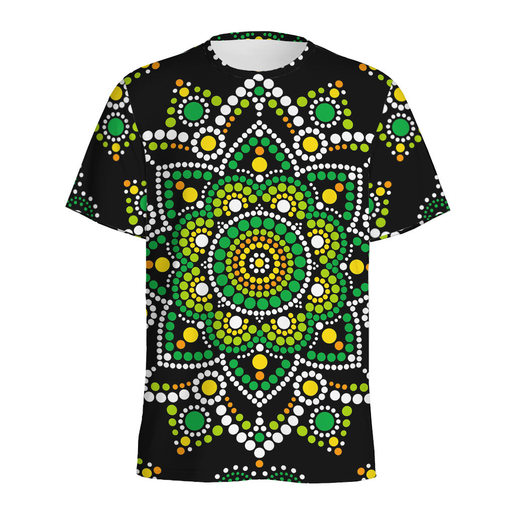 Green White Dot Mandala Print Men's Sports T-Shirt