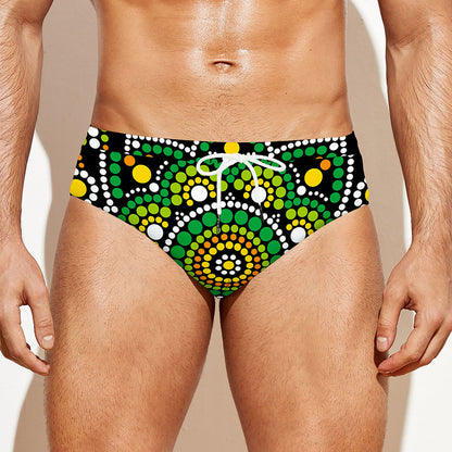 Green White Dot Mandala Print Men's Swim Briefs