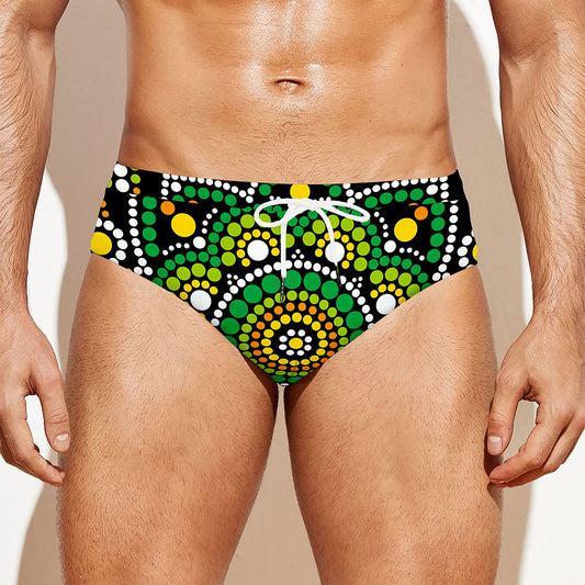 Green White Dot Mandala Print Men's Swim Briefs