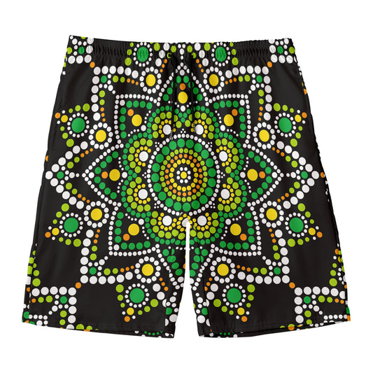 Green White Dot Mandala Print Men's Swim Trunks