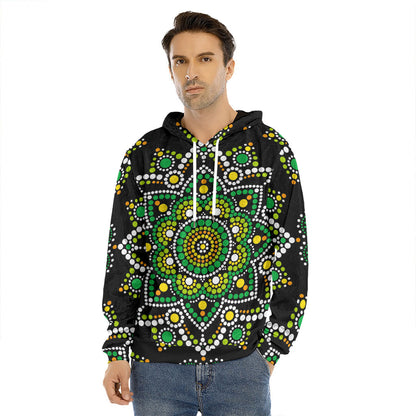 Green White Dot Mandala Print Men's Velvet Pullover Hoodie