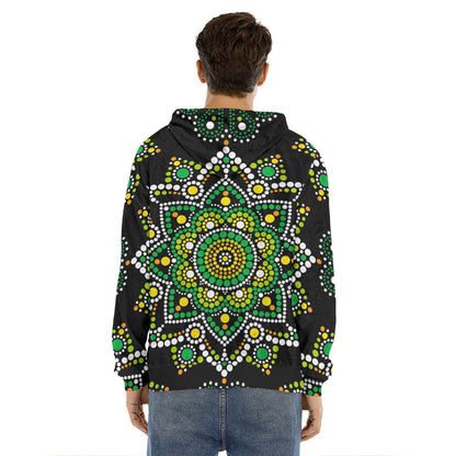 Green White Dot Mandala Print Men's Velvet Pullover Hoodie