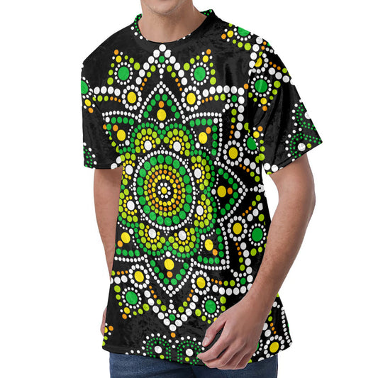 Green White Dot Mandala Print Men's Velvet T-Shirt