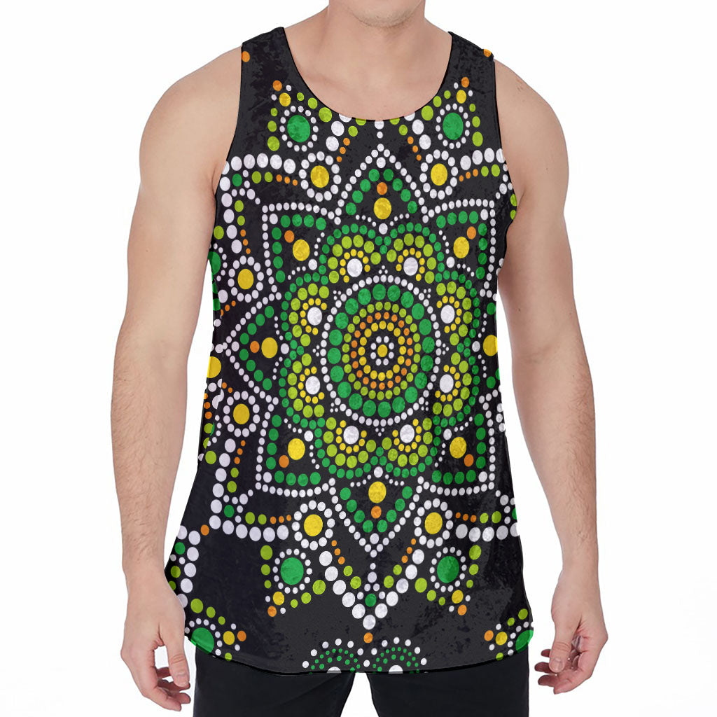 Green White Dot Mandala Print Men's Velvet Tank Top