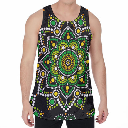 Green White Dot Mandala Print Men's Velvet Tank Top