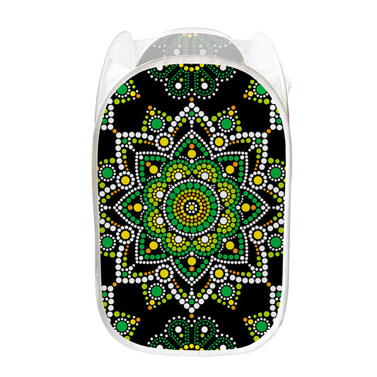 Green White Dot Mandala Print Mesh Laundry Hamper
