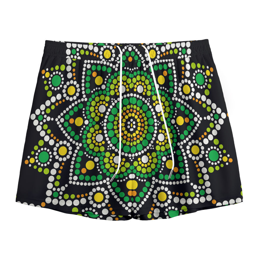 Green White Dot Mandala Print Mesh Shorts