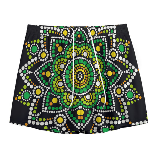 Green White Dot Mandala Print Mesh Shorts