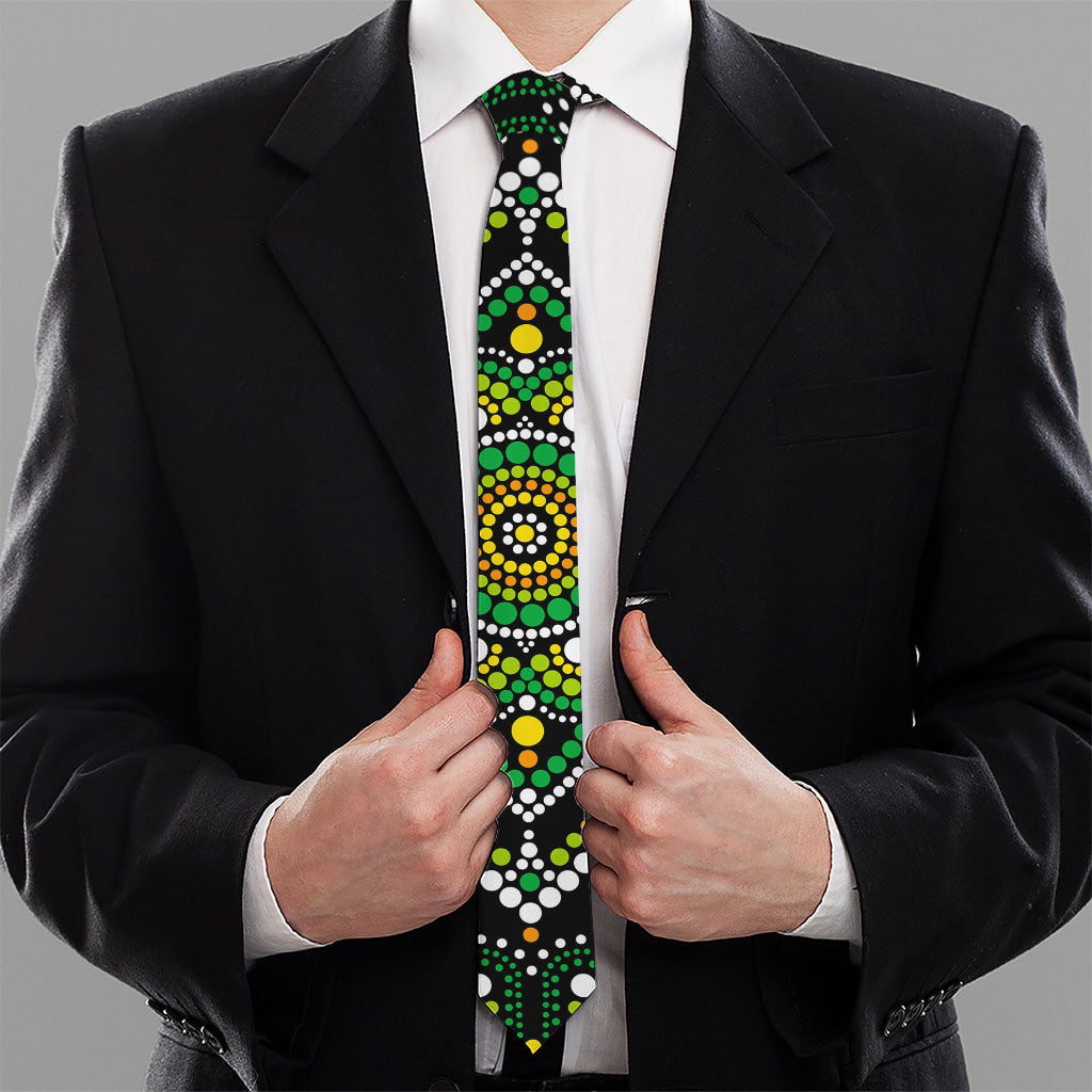 Green White Dot Mandala Print Necktie