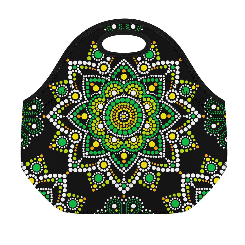 Green White Dot Mandala Print Neoprene Lunch Bag