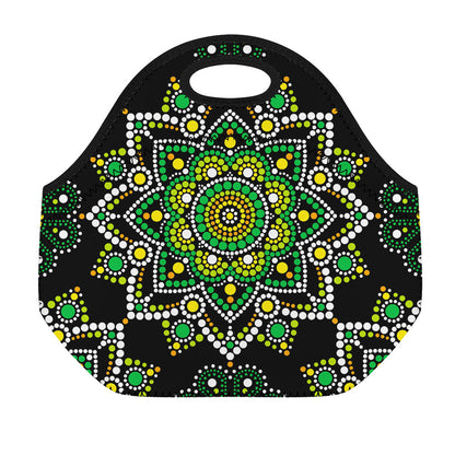 Green White Dot Mandala Print Neoprene Lunch Bag
