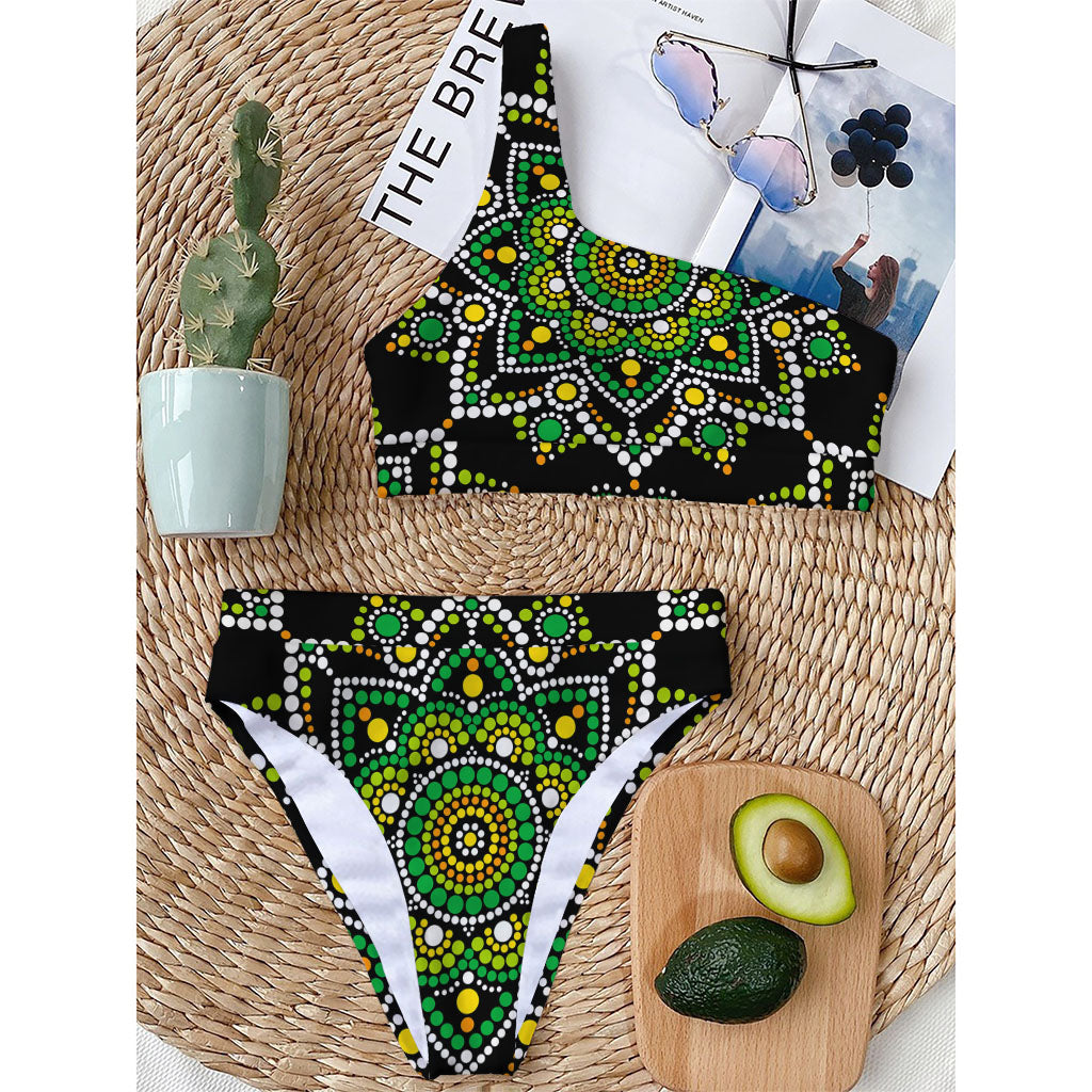 Green White Dot Mandala Print One Shoulder Bikini Top