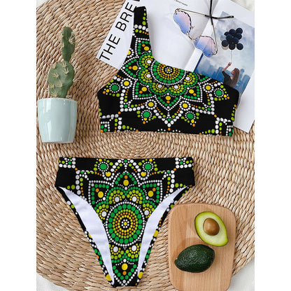 Green White Dot Mandala Print One Shoulder Bikini Top
