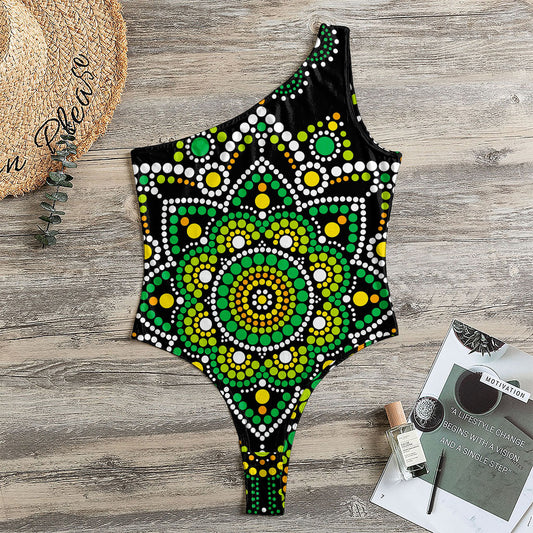 Green White Dot Mandala Print One Shoulder Bodysuit
