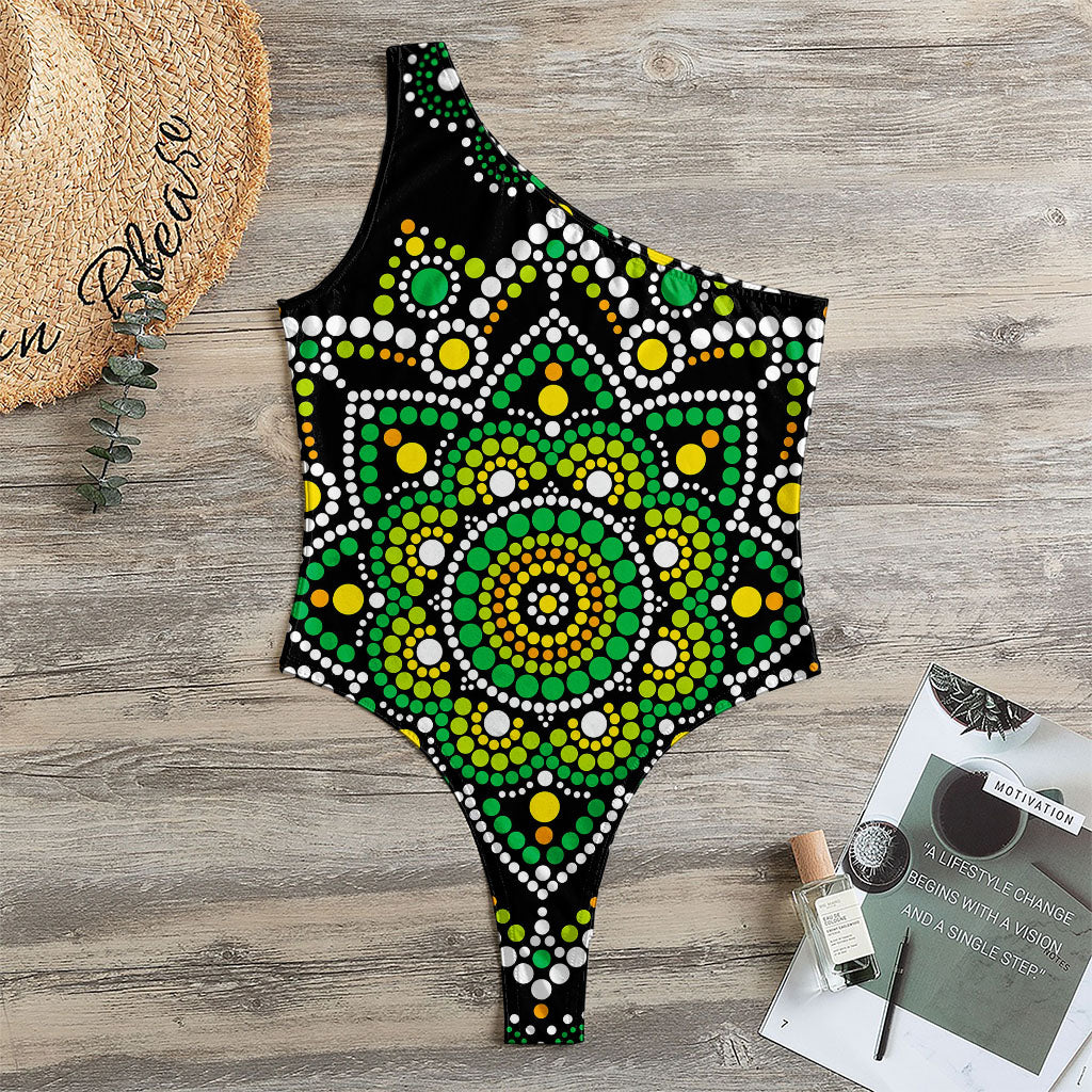 Green White Dot Mandala Print One Shoulder Bodysuit