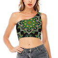 Green White Dot Mandala Print One Shoulder Crop Top