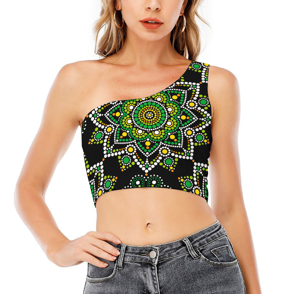 Green White Dot Mandala Print One Shoulder Crop Top