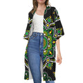 Green White Dot Mandala Print Open Front Beach Cover Up