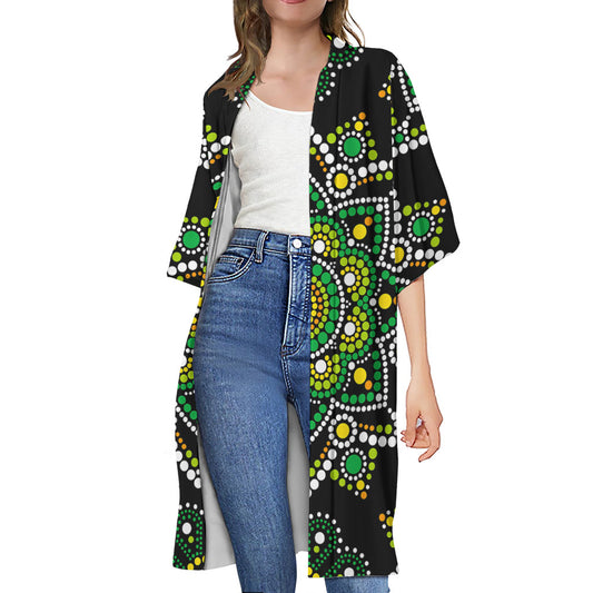 Green White Dot Mandala Print Open Front Beach Cover Up