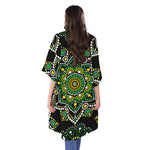 Green White Dot Mandala Print Open Front Beach Cover Up