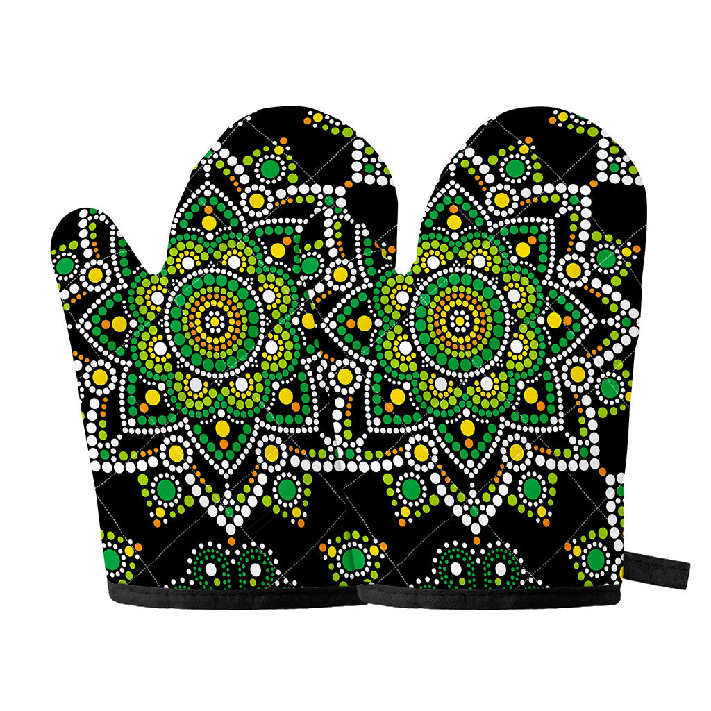 Green White Dot Mandala Print Oven Mitts