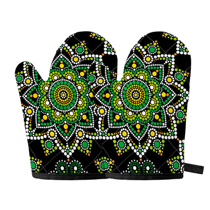 Green White Dot Mandala Print Oven Mitts