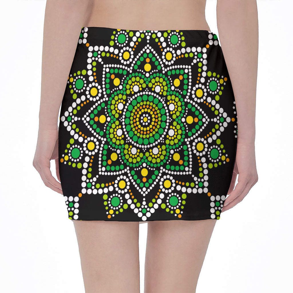 Green White Dot Mandala Print Pencil Mini Skirt