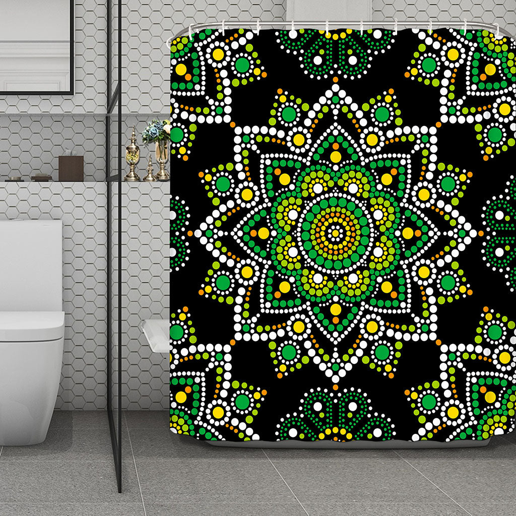 Green White Dot Mandala Print Polyester Shower Curtain