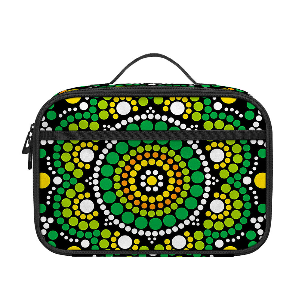 Green White Dot Mandala Print Portable Lunch Bag