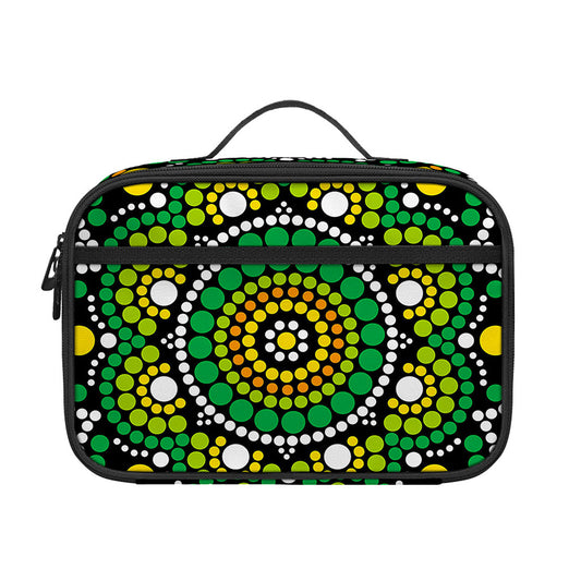 Green White Dot Mandala Print Portable Lunch Bag