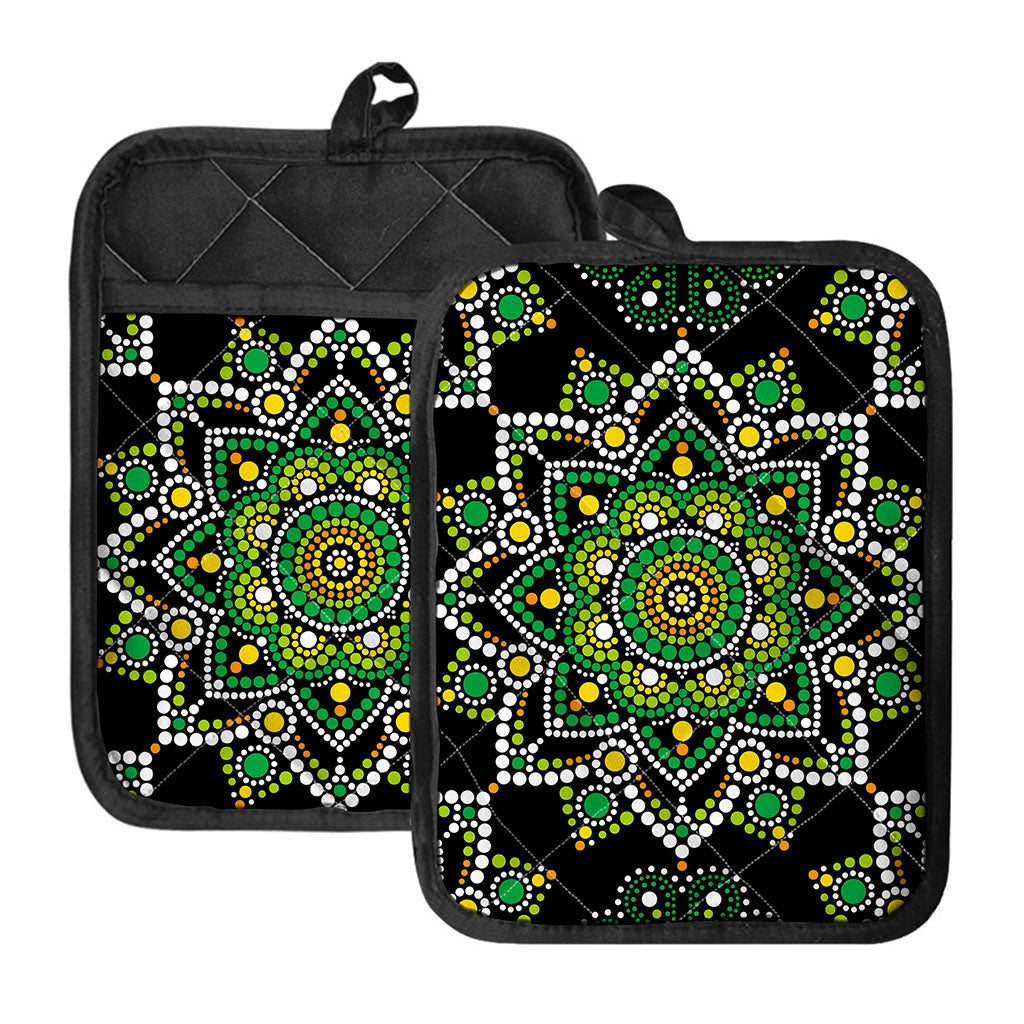 Green White Dot Mandala Print Pot Holders With Pocket