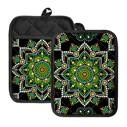 Green White Dot Mandala Print Pot Holders With Pocket