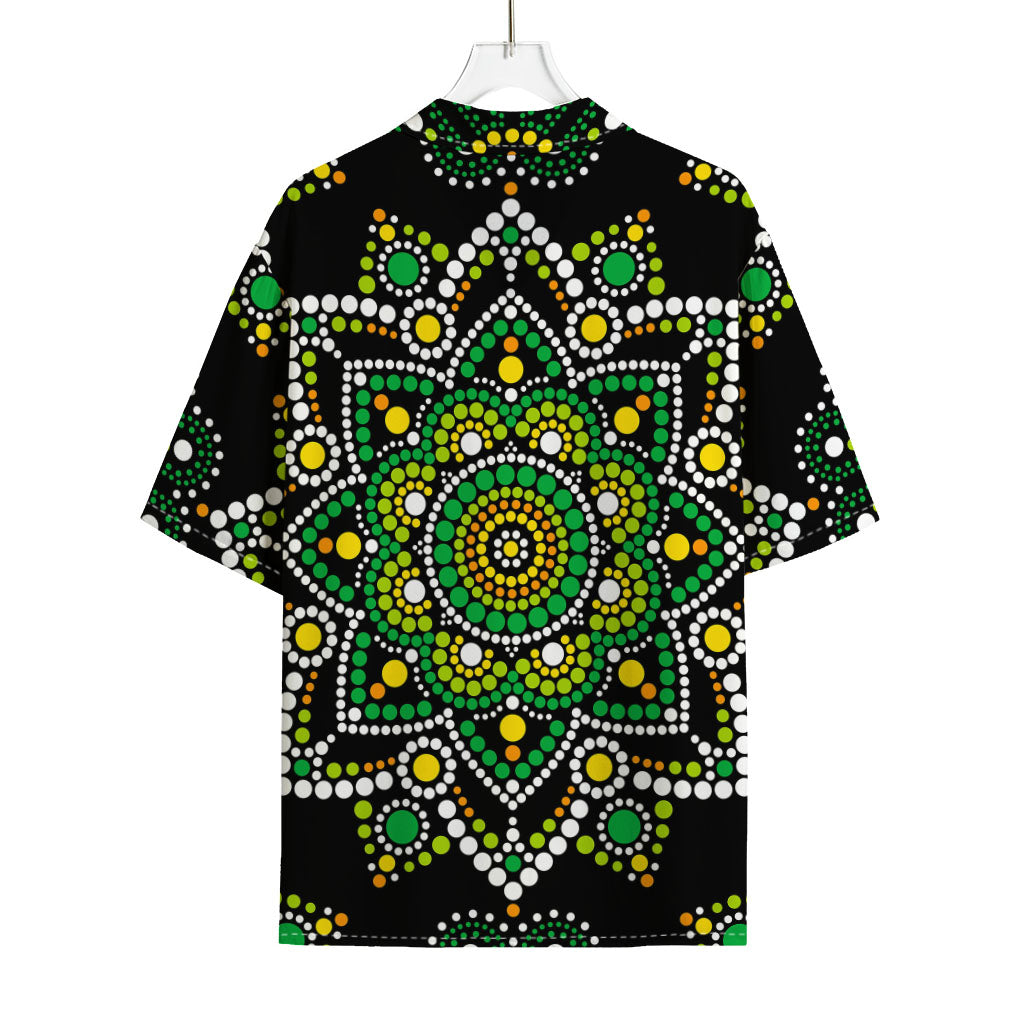 Green White Dot Mandala Print Rayon Hawaiian Shirt