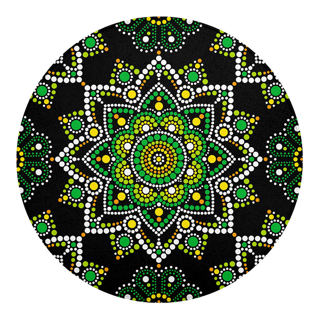 Green White Dot Mandala Print Round Blanket