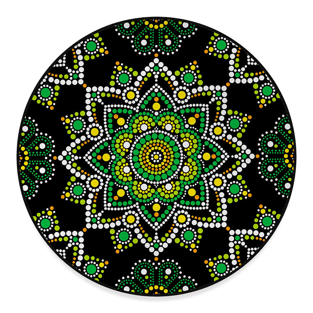 Green White Dot Mandala Print Round Floor Mat