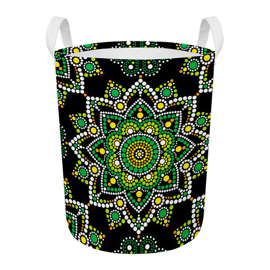 Green White Dot Mandala Print Round Laundry Basket