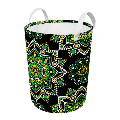 Green White Dot Mandala Print Round Laundry Basket