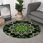 Green White Dot Mandala Print Round Rug