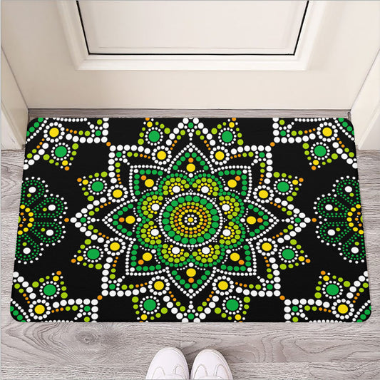 Green White Dot Mandala Print Rubber Doormat