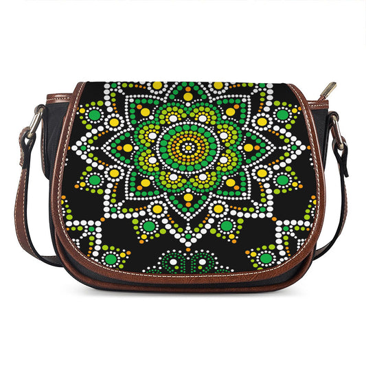 Green White Dot Mandala Print Saddle Bag