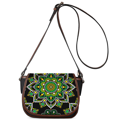 Green White Dot Mandala Print Saddle Bag