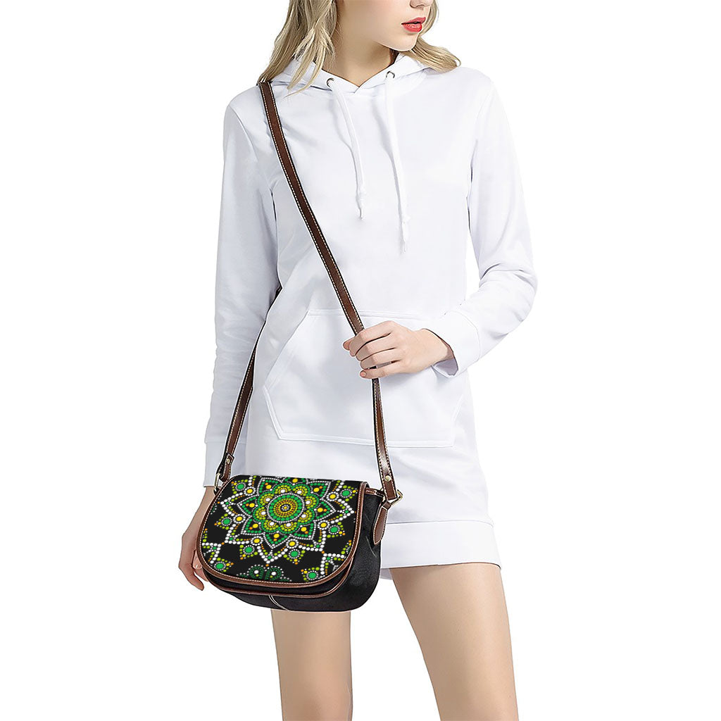 Green White Dot Mandala Print Saddle Bag